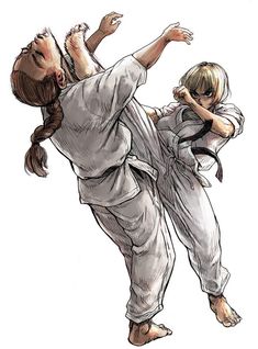 a drawing of two people in karate stances, one holding the other's head