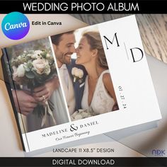 a wedding photo album with two photos on the front and back cover, is shown