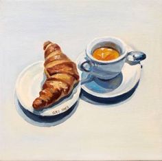 a painting of a croissant and cup of coffee