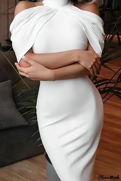 Olivia Mark - Elegant Womens White Patchwork Asymmetrical Turtleneck Evening Gown with a Solid Design Dorothy Dandridge, Office Dresses For Women, Pencil Skirt Dress, White Short Dress, فستان سهرة, Hip Dress, Trend Fashion, Bodycon Midi, Evening Party Dress