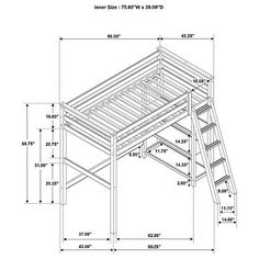 a drawing of a loft bed with stairs and ladders on the bottom floor, measurements for