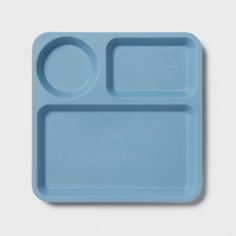 a blue plastic tray with two compartments