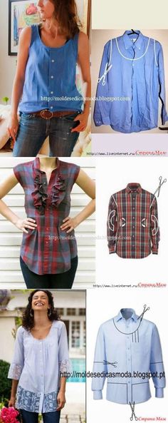 four different types of blouses and shirts with buttons on the front, back, and side