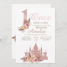 a pink and gold princess birthday party card with flowers on the front, one upon a time