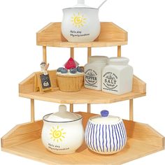 three tiered wooden trays with various items on them, including milk and yogurt