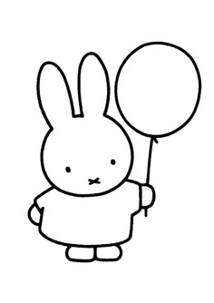 a black and white drawing of a rabbit holding a balloon