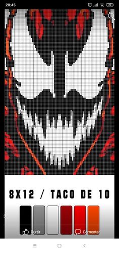 a cross stitch pattern with the face of an evil clown in red, white and black