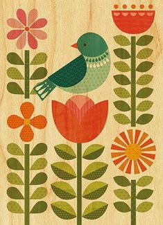 a bird sitting on top of a flower next to a wooden plaque with flowers and leaves