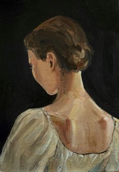 an oil painting of a woman's back with her hair pulled up in a bun