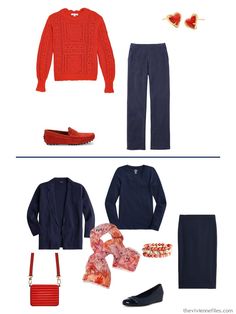 Five Accent Colors with Navy - The Vivienne Files Navy Wide-leg Pants For Spring, Navy Ankle-length Pants For Spring, Navy Full-length Spring Pants, Capsule Wardrobe Teal Purple, Coral Outfit