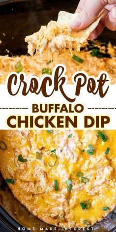 crock pot buffalo chicken dip in a slow cooker with the title above it