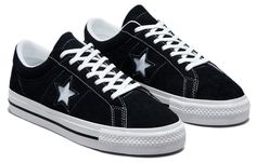 Known for decades as part of the Converse family, the One Star Low 'Black White' sneaker provides a classic style with modern performance features. Originally releasing in 1974, this timeless design is now proudly reincarnated with improved comfort, versatility, and durability. Its low profile and rubber-backed suede upper give maximum flexibility without compromising protection or sturdiness. While looking stylish on city streets, this sneaker also delivers remarkable boardfeel and impact suppo Converse Shoes High Top, Converse One Star Black, Basic Sneakers, Black And White Converse, All Star Converse, Converse Low, Converse Star, All Stars Converse, Black And White Sneakers