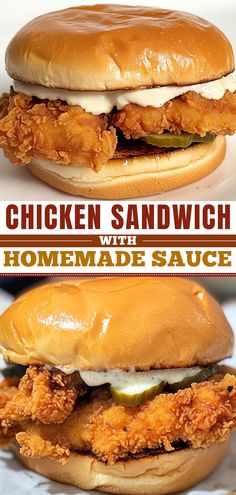 the chicken sandwich with homemade sauce is ready to be eaten and served on buns