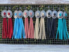 Antique Nickel Concho earrings with suede tassels that make a cute statement with any outfit! Concho - 1 inch Earring is approximately 5 inches long Western Jewelry Diy, Horse Tack Ideas, Ranch Girl, Jean Jewelry, Suede Earrings, Hat Charms, Look Western, Southern Jewelry, Embroidered Cactus