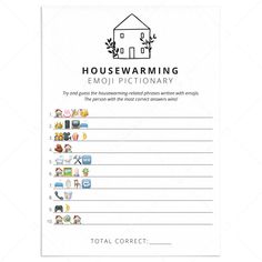 Housewarming Party Emoji Game with Answer Key Printable by LittleSizzle House Warming Games To Play, House Warming Games Fun, Housewarming Party Games Free Printable, Housewarming Games Activities, House Warming Games, Housewarming Party Ideas Theme, Eating Etiquette, Housewarming Party Themes, New Home Party