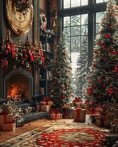 christmas trees are decorated with red and gold ornaments in front of a fireplace, surrounded by presents