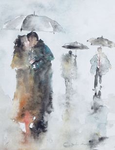 two people are walking with umbrellas in the rain while another person is holding an umbrella