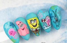 Spongebob And Patrick Nails, Spongebob Nail Art, Nail Art Dessin, Black Acrylic Nail Designs, Rave Nails, Fish Nails, Stilleto Nails Designs