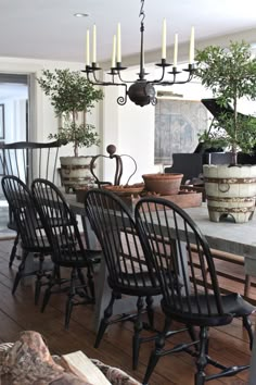 a dining room table with black chairs and potted plants on top of the table