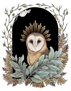 an owl with a crown on its head surrounded by plants and leaves in front of a black background