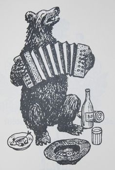 a drawing of a bear playing an accordion and holding a plate with food on it