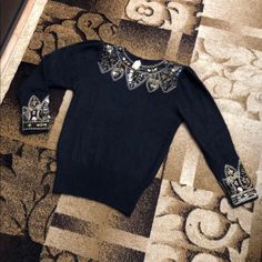 New Vintage Black Mohair Nice Fancy Sweater With Jewelry Work Around Neck And Sleeves Casual Sequin Party Sweater, Sequined Sweater For Winter, Glamorous Sweater For Night Out, Luxury Black Winter Sweater, Elegant Sequin Sweater, Elegant Fall Sweater For Night Out, Designer Fall Party Tops, Elegant Sweater For Night Out In Fall, Designer Party Tops For Fall