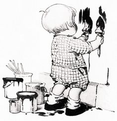 a black and white drawing of a little boy playing with some sort of toy fire extinguisher