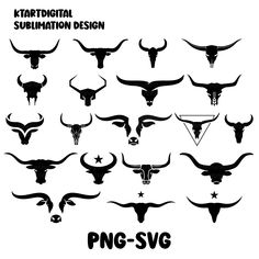 the silhouettes of bull heads with longhorn horns are shown in black and white