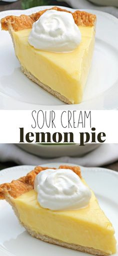 two pictures of a lemon pie with whipped cream on top and the same slice missing