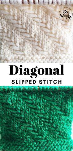 the diagonal slipped stitch pattern is shown in three different colors, including green and white