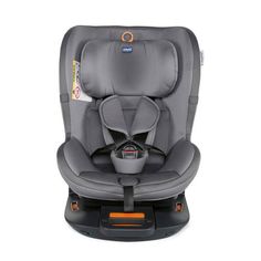 the child's car seat is grey and has an orange button on the front