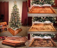 the christmas tree is made out of wood and has been placed in a wooden box