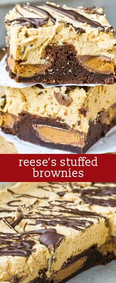 reese's stuffed brownies are stacked on top of each other with chocolate drizzle