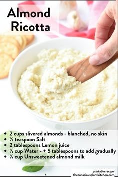 a recipe for almond ricotta in a white bowl