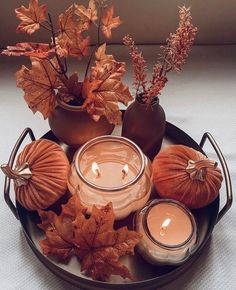 a tray with candles and pumpkins on it