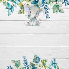 watercolor painting of an elephant with blue leaves on white painted wood planks background