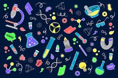 an image of various science related items in the shape of a circle on a dark background