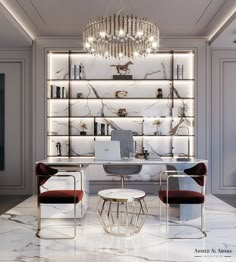 an elegant office with marble walls and white desks, chandelier above the desk