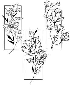 three flowers are shown in black and white, with one flower on the left side