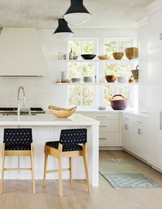 two chairs are sitting at the kitchen island