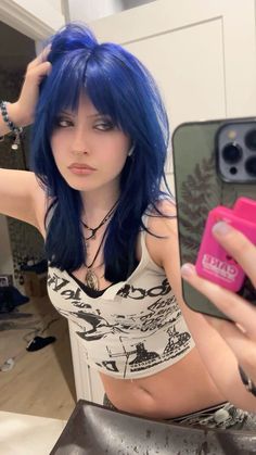 dark blue hair Dark Blue Hairstyles, Dark Royal Blue Hair, Jade West Blue Hair, Dull Blue Hair, Blue And Purple Hair Color, Black And Blue Hair Wolfcut, Dark Blue Hair Pale Skin, Blue Ghost Roots, Grown Out Blue Hair