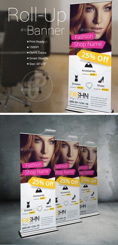 a set of three roll up banners with an image of a woman's face