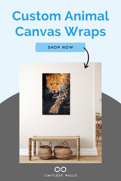 an advertisement for a custom animal canvas wraps shop now with the image of a cheetah