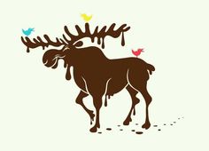 a moose with birds on it's antlers