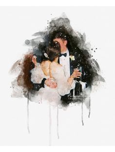 a painting of a man and woman hugging each other in front of a white background