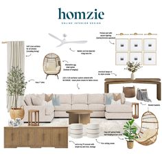 a living room with furniture and accessories labeled in the text below it that says homzie online interior design