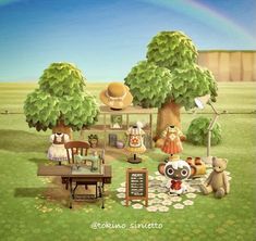 an animated scene with teddy bears and other items in the grass next to a rainbow