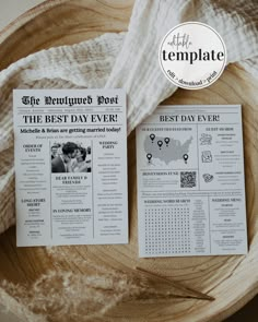 the best day ever wedding program is displayed on a wooden plate with a white blanket