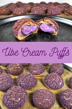 purple cream puffs on a baking sheet with the words, how to use them