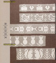 three crocheted words are shown in white on brown